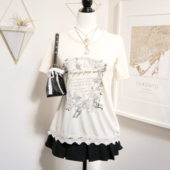 Cream French Graphic Script Print Lace Trim Tee 🇫🇷 AXES FEMME - Picture 1 of 11
